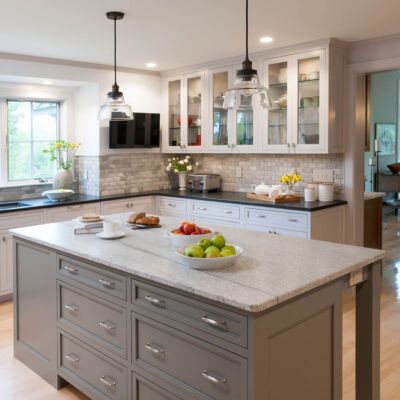 PERIMETER: Wood: Maple; Paint color: Grayish; Door Style: Exeter; Face Frame: Square Inset; ISLAND: Wood: Maple; Paint color: Classic French Gray; Door Style: Exeter; Face Frame: Square Inset