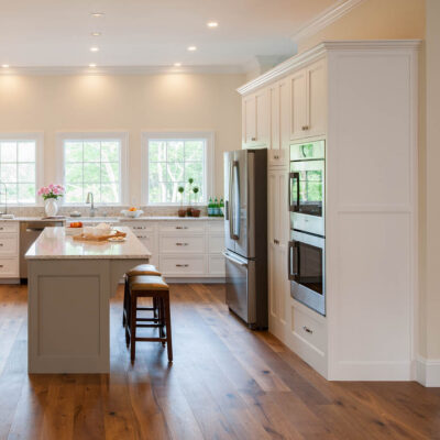 PERIMETER: Wood: Maple; Paint color: High Reflective White; Door Style: Exeter; Face Frame: Square Inset; ISLAND: Wood: Maple; Paint color: Classic French Gray; Door Style: Exeter; Face Frame: Square Inset