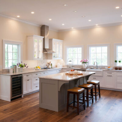 PERIMETER: Wood: Maple; Paint color: High Reflective White; Door Style: Exeter; Face Frame: Square Inset; ISLAND: Wood: Maple; Paint color: Pavestone; Door Style: Exeter; Face Frame: Square Inset