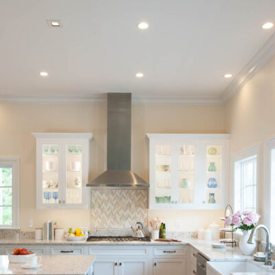 PERIMETER: Wood: Maple; Paint color: High Reflective White; Door Style: Exeter; Face Frame: Square Inset; ISLAND: Wood: Maple; Paint color: Pavestone; Door Style: Exeter; Face Frame: Square Inset Crown Select kitchen