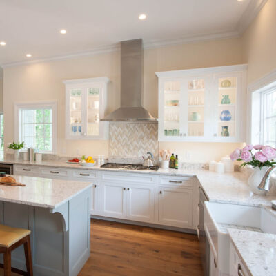 PERIMETER: Wood: Maple; Paint color: High Reflective White; Door Style: Exeter; Face Frame: Square Inset; ISLAND: Wood: Maple; Paint color: Pavestone; Door Style: Exeter; Face Frame: Square Inset