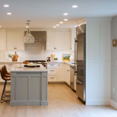 PERIMETER: Wood: Maple; Paint color: White Flour; Door Style: Cornish; Face Frame: Square Inset; ISLAND: Wood: Maple; Paint color: Ellie Gray; Door Style: Cornish; Face Frame: Square Inset