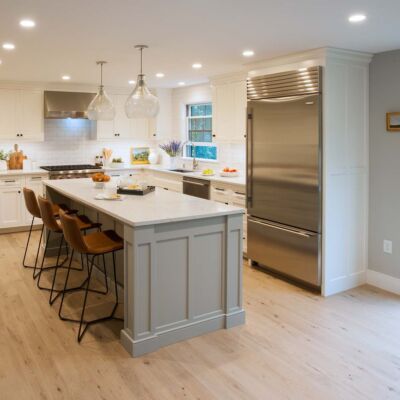 PERIMETER: Wood: Maple; Paint color: White Flour; Door Style: Cornish; Face Frame: Square Inset; ISLAND: Wood: Maple; Paint color: Ellie Gray; Door Style: Cornish; Face Frame: Square Inset