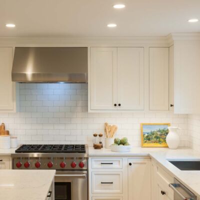 PERIMETER: Wood: Maple; Paint color: White Flour; Door Style: Cornish; Face Frame: Square Inset; ISLAND: Wood: Maple; Paint color: Ellie Gray; Door Style: Cornish; Face Frame: Square Inset