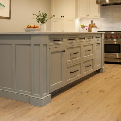 PERIMETER: Wood: Maple; Paint color: White Flour; Door Style: Cornish; Face Frame: Square Inset; ISLAND: Wood: Maple; Paint color: Ellie Gray; Door Style: Cornish; Face Frame: Square Inset