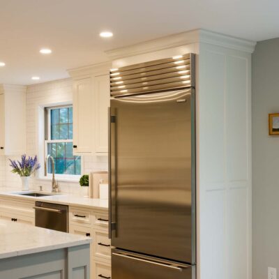 PERIMETER: Wood: Maple; Paint color: White Flour; Door Style: Cornish; Face Frame: Square Inset; ISLAND: Wood: Maple; Paint color: Ellie Gray; Door Style: Cornish; Face Frame: Square Inset