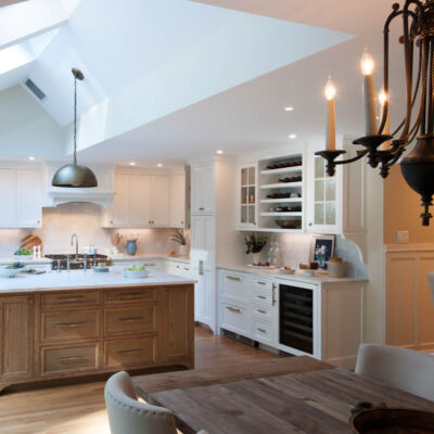 PERIMETER: Wood: Maple; Paint color: White Flour; Door Style: Cornish; Face Frame: Beaded Inset; ISLAND: Wood: Flat Sawn White Oak; Finish: Oceanside; Door Style: Cornish; Face Frame: Beaded Inset