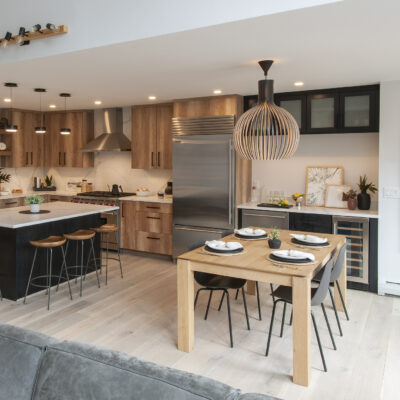 [Perimeter] Wood: Nature+; Finish: Nadir; Door Style: Riviera; Frameless construction; [Island and Bar area] Wood: Nature+; Finish: Nero; Door Style: Riviera; Frameless construction