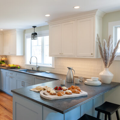 [Base cabinets] Wood: Maple; Paint: Dockside Blue; Door Style: Cornish; Face Frame: Square Inset; [Wall cabinets] Wood: Maple; Paint: White Flour; Door Style: Cornish; Face Frame: Square Inset