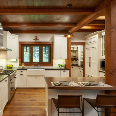 Wood: Maple; Paint: White Flour; Door Style: Cornish; Face Frame: Beaded Inset