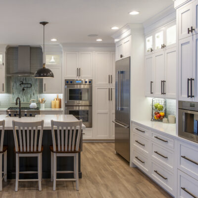 PERIMETER: Wood: Maple; Paint color: White Flour; Door Style: Enfield; Face Frame: Square Inset; ISLAND: Wood: Maple; Paint color: Peppercorn; Door Style: Enfield; Face Frame: Square Inset