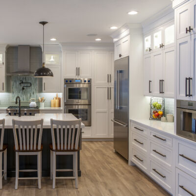 PERIMETER: Wood: Maple; Paint color: White Flour; Door Style: Enfield; Face Frame: Square Inset; ISLAND: Wood: Maple; Paint color: Peppercorn; Door Style: Enfield; Face Frame: Square Inset PERIMETER: Wood: Maple; Paint color: White Flour; Door Style: Enfield; Face Frame: Square Inset; ISLAND: Wood: Maple; Paint color: Peppercorn; Door Style: Enfield; Face Frame: Square Inset