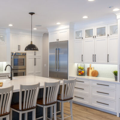 PERIMETER: Wood: Maple; Paint color: White Flour; Door Style: Enfield; Face Frame: Square Inset; ISLAND: Wood: Maple; Paint color: Peppercorn; Door Style: Enfield; Face Frame: Square Inset PERIMETER: Wood: Maple; Paint color: White Flour; Door Style: Enfield; Face Frame: Square Inset; ISLAND: Wood: Maple; Paint color: Peppercorn; Door Style: Enfield; Face Frame: Square Inset