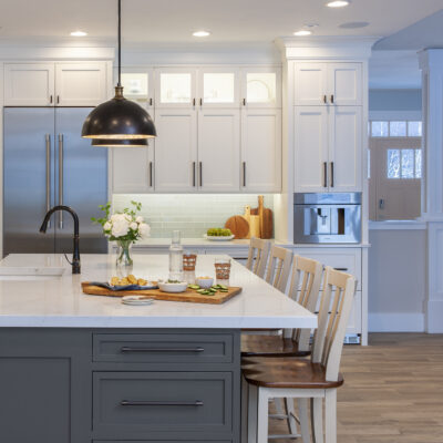 PERIMETER: Wood: Maple; Paint color: White Flour; Door Style: Enfield; Face Frame: Square Inset; ISLAND: Wood: Maple; Paint color: Peppercorn; Door Style: Enfield; Face Frame: Square Inset PERIMETER: Wood: Maple; Paint color: White Flour; Door Style: Enfield; Face Frame: Square Inset; ISLAND: Wood: Maple; Paint color: Peppercorn; Door Style: Enfield; Face Frame: Square Inset