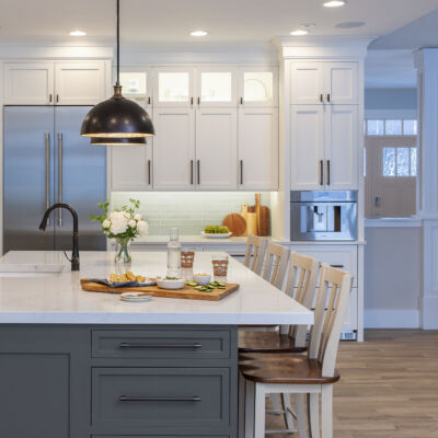 PERIMETER: Wood: Maple; Paint color: White Flour; Door Style: Enfield; Face Frame: Square Inset; ISLAND: Wood: Maple; Paint color: Peppercorn; Door Style: Enfield; Face Frame: Square Inset PERIMETER: Wood: Maple; Paint color: White Flour; Door Style: Enfield; Face Frame: Square Inset; ISLAND: Wood: Maple; Paint color: Peppercorn; Door Style: Enfield; Face Frame: Square Inset