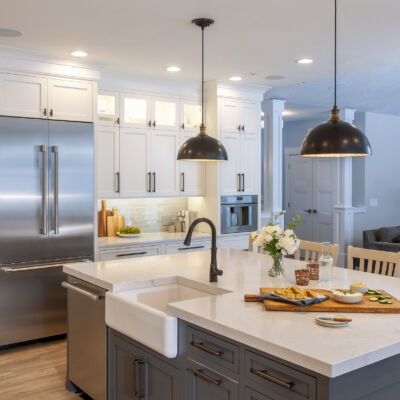 PERIMETER: Wood: Maple; Paint color: White Flour; Door Style: Enfield; Face Frame: Square Inset; ISLAND: Wood: Maple; Paint color: Peppercorn; Door Style: Enfield; Face Frame: Square Inset PERIMETER: Wood: Maple; Paint color: White Flour; Door Style: Enfield; Face Frame: Square Inset; ISLAND: Wood: Maple; Paint color: Peppercorn; Door Style: Enfield; Face Frame: Square Inset