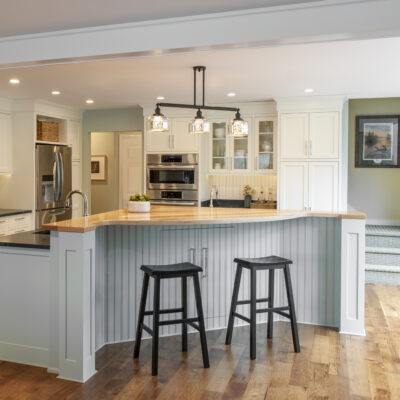 PERIMETER: Wood: Maple; Paint color: Paperwhite; Door Style: Cornish; Face Frame: Beaded Inset; ISLAND: Wood: Maple; Paint color: Austere Gray; Door Style: Cornish; Face Frame: Beaded Inset