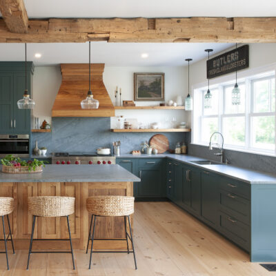 PERIMETER: Wood: Maple; Paint color: Still Water; Door style: Enfield; Face frame: Square Inset
(NOTE: ISLAND, RANGE HOOD, FLOATING SHELVES CRAFTED FROM CROWN POINT LINE) Wood: Reclaimed Chestnut; Stain color: Honey; Door Style: Barnstead; Face frame: Square Inset PERIMETER: Wood: Maple; Paint color: Still Water; Door style: Enfield; Face frame: Square Inset (NOTE: ISLAND, RANGE HOOD, FLOATING SHELVES CRAFTED FROM CROWN POINT LINE) Wood: Reclaimed Chestnut; Stain color: Honey; Door Style: Barnstead; Face frame: Square Inset