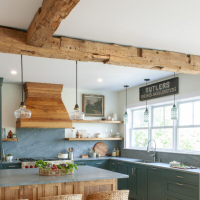 PERIMETER: Wood: Maple; Paint color: Still Water; Door style: Enfield; Face frame: Square Inset
(NOTE: ISLAND, RANGE HOOD, FLOATING SHELVES CRAFTED FROM CROWN POINT LINE) Wood: Reclaimed Chestnut; Stain color: Honey; Door Style: Barnstead; Face frame: Square Inset PERIMETER: Wood: Maple; Paint color: Still Water; Door style: Enfield; Face frame: Square Inset (NOTE: ISLAND, RANGE HOOD, FLOATING SHELVES CRAFTED FROM CROWN POINT LINE) Wood: Reclaimed Chestnut; Stain color: Honey; Door Style: Barnstead; Face frame: Square Inset