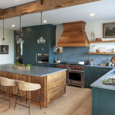 PERIMETER: Wood: Maple; Paint color: Still Water; Door style: Enfield; Face frame: Square Inset
(NOTE: ISLAND, RANGE HOOD, FLOATING SHELVES CRAFTED FROM CROWN POINT LINE) Wood: Reclaimed Chestnut; Stain color: Honey; Door Style: Barnstead; Face frame: Square Inset PERIMETER: Wood: Maple; Paint color: Still Water; Door style: Enfield; Face frame: Square Inset (NOTE: ISLAND, RANGE HOOD, FLOATING SHELVES CRAFTED FROM CROWN POINT LINE) Wood: Reclaimed Chestnut; Stain color: Honey; Door Style: Barnstead; Face frame: Square Inset