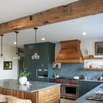 PERIMETER: Wood: Maple; Paint color: Still Water; Door style: Enfield; Face frame: Square Inset
(NOTE: ISLAND, RANGE HOOD, FLOATING SHELVES CRAFTED FROM CROWN POINT LINE) Wood: Reclaimed Chestnut; Stain color: Honey; Door Style: Barnstead; Face frame: Square Inset PERIMETER: Wood: Maple; Paint color: Still Water; Door style: Enfield; Face frame: Square Inset (NOTE: ISLAND, RANGE HOOD, FLOATING SHELVES CRAFTED FROM CROWN POINT LINE) Wood: Reclaimed Chestnut; Stain color: Honey; Door Style: Barnstead; Face frame: Square Inset