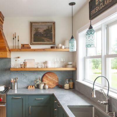 PERIMETER: Wood: Maple; Paint color: Still Water; Door style: Enfield; Face frame: Square Inset
(NOTE: ISLAND, RANGE HOOD, FLOATING SHELVES CRAFTED FROM CROWN POINT LINE) Wood: Reclaimed Chestnut; Stain color: Honey; Door Style: Barnstead; Face frame: Square Inset PERIMETER: Wood: Maple; Paint color: Still Water; Door style: Enfield; Face frame: Square Inset (NOTE: ISLAND, RANGE HOOD, FLOATING SHELVES CRAFTED FROM CROWN POINT LINE) Wood: Reclaimed Chestnut; Stain color: Honey; Door Style: Barnstead; Face frame: Square Inset