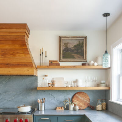 PERIMETER: Wood: Maple; Paint color: Still Water; Door style: Enfield; Face frame: Square Inset
(NOTE: ISLAND, RANGE HOOD, FLOATING SHELVES CRAFTED FROM CROWN POINT LINE) Wood: Reclaimed Chestnut; Stain color: Honey; Door Style: Barnstead; Face frame: Square Inset PERIMETER: Wood: Maple; Paint color: Still Water; Door style: Enfield; Face frame: Square Inset (NOTE: ISLAND, RANGE HOOD, FLOATING SHELVES CRAFTED FROM CROWN POINT LINE) Wood: Reclaimed Chestnut; Stain color: Honey; Door Style: Barnstead; Face frame: Square Inset