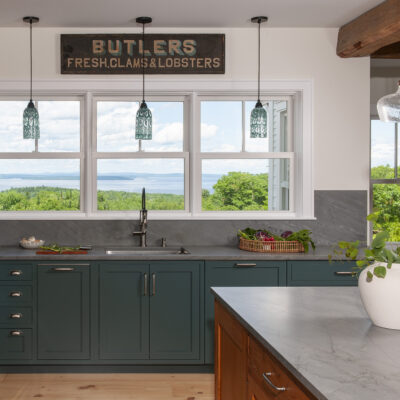 PERIMETER: Wood: Maple; Paint color: Still Water; Door style: Enfield; Face frame: Square Inset
(NOTE: ISLAND, RANGE HOOD, FLOATING SHELVES CRAFTED FROM CROWN POINT LINE) Wood: Reclaimed Chestnut; Stain color: Honey; Door Style: Barnstead; Face frame: Square Inset PERIMETER: Wood: Maple; Paint color: Still Water; Door style: Enfield; Face frame: Square Inset (NOTE: ISLAND, RANGE HOOD, FLOATING SHELVES CRAFTED FROM CROWN POINT LINE) Wood: Reclaimed Chestnut; Stain color: Honey; Door Style: Barnstead; Face frame: Square Inset