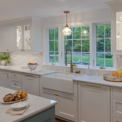 PERIMETER: Wood: Maple; Paint color: Pure White; Door Style: Cornish; Face Frame: Square Inset; ISLAND: Wood: Maple; Paint color: Poolhouse; Door Style: Cornish; Face Frame: Square Inset PERIMETER: Wood: Maple; Paint color: Pure White; Door Style: Cornish; Face Frame: Square Inset; ISLAND: Wood: Maple; Paint color: Poolhouse; Door Style: Cornish; Face Frame: Square Inset