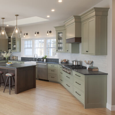 PERIMETER: Wood: Maple; Paint color: Green Earth; Door Style: Cornish; Face Frame: Beaded Inset; ISLAND: Wood: Cherry; Finish: Chestnut; Door Style: Cornish; Face Frame: Beaded Inset