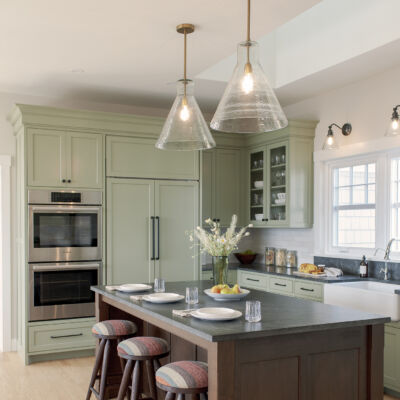 PERIMETER: Wood: Maple; Paint color: Green Earth; Door Style: Cornish; Face Frame: Beaded Inset; ISLAND: Wood: Cherry; Finish: Chestnut; Door Style: Cornish; Face Frame: Beaded Inset