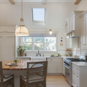 PERIMETER: Wood: Maple; Paint color: Accessible Beige; Door Style: Enfield; Face Frame: Beaded Inset; SINK BASE: Wood: Cherry; Finish: Candlelight; Door Style: Enfield; Face Frame: Beaded Inset