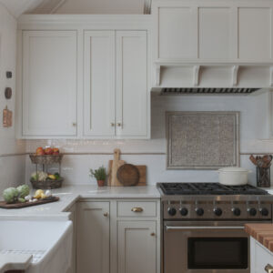 PERIMETER: Wood: Maple; Paint color: Accessible Beige; Door Style: Enfield; Face Frame: Square Inset; SINK BASE: Wood: Cherry; Finish: Candlelight; Door Style: Enfield; Face Frame: Square Inset